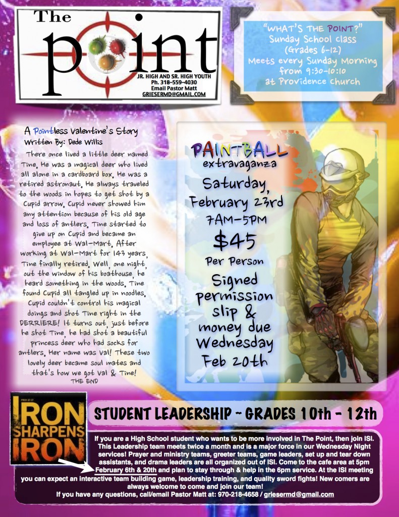 Providence Church Calendar The Point Youth Group FEB Newsletter Page 1